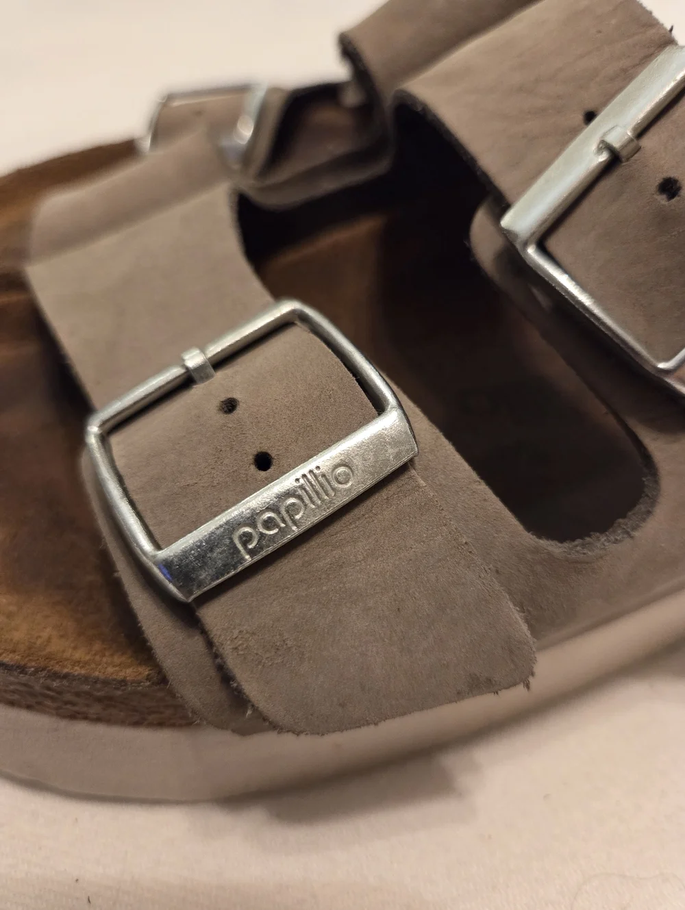 PAPILLIO By‎ BIRKENSTOCK Arizona Grey/Green Leather Two Strap Platform Sandal 40